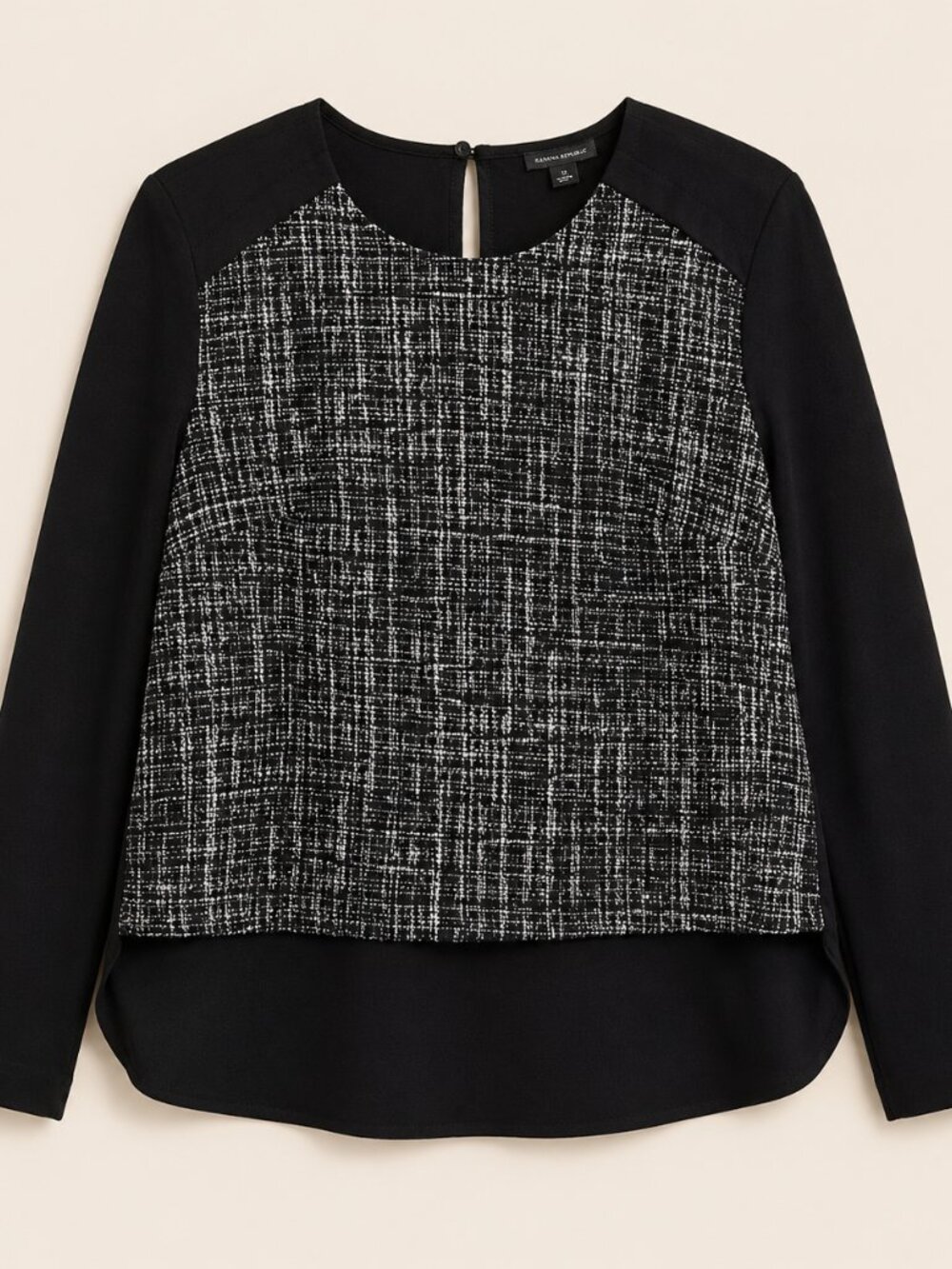 Ann Taylor Bouclé Tweed Mixed Media Blouse Black Gray White S